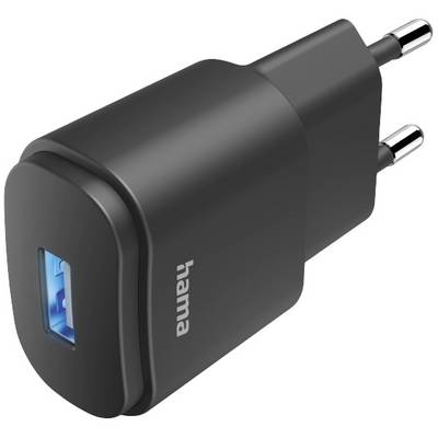Černá USB nabíječka od společnosti Hama s evropskou zástrčkou, vhodná pro nabíjení elektronických zařízení.