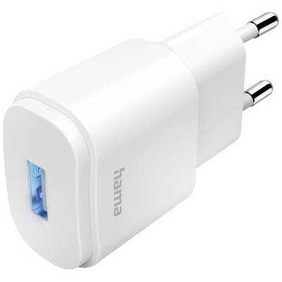Bílá USB nabíječka značky Hama se dvěma kolíky a modrým USB konektorem.