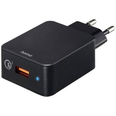 Černá USB nabíječka s jedním portem, značky 'hama' s modrým světelným indikátorem na přední straně.