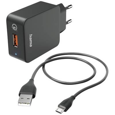 Černá USB nabíječka s USB kabelem. Nabíječka má europlug a jeden USB port. Kabel s USB-A a micro-USB konektory.