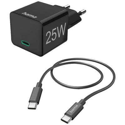 Černá 25W USB-C nabíječka s odpovídajícím USB-C kabelem. Nabíječka má dva kulaté evropské kolíky.