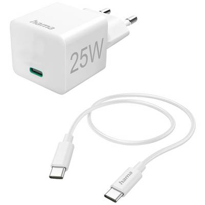 'Bílá Hama 25W USB-C nabíječka a kabel. Adaptér má evropskou zástrčku a USB-C port. Kabel má USB-C konektory na obou koncích.'
