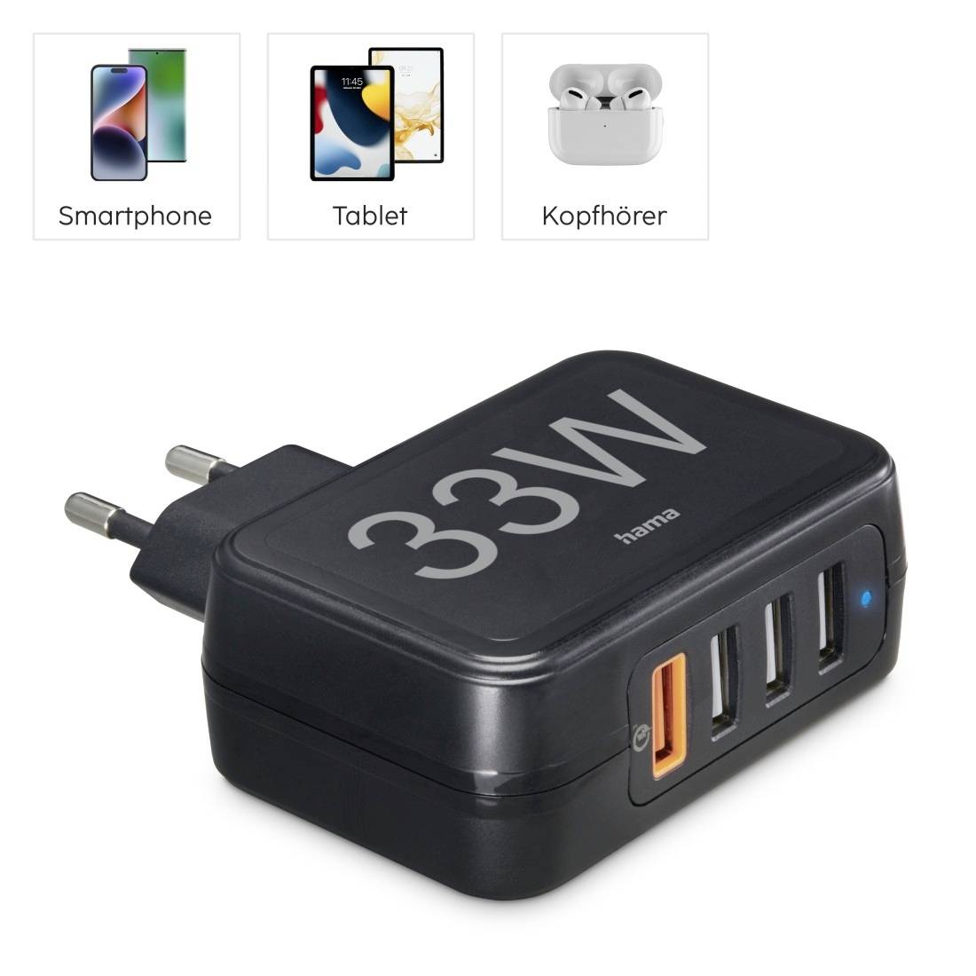 Černá 33W nabíječka se třemi USB porty a jedním USB-C portem. Vhodná pro smartphone, tablet a sluchátka.
