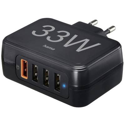 Černá nabíječka se čtyřmi USB porty a zástrčkou do elektrické zásuvky. Na horní straně je napsáno '33W'.
