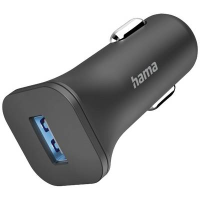 Černá autonabiječka značky Hama s modrým USB portem, vhodná pro nabíjení elektronických zařízení během cesty.