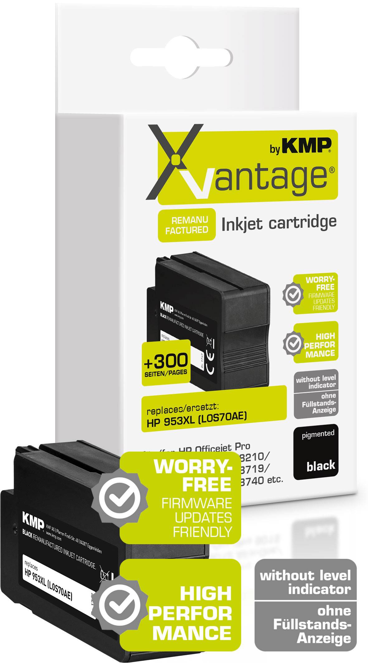Inkoustové cartridge KMP v černé barvě pro inkoustové tiskárny, kompatibilní s HP 953XL. Obal zobrazuje detaily produktu a jeho výkonnostní výhody.