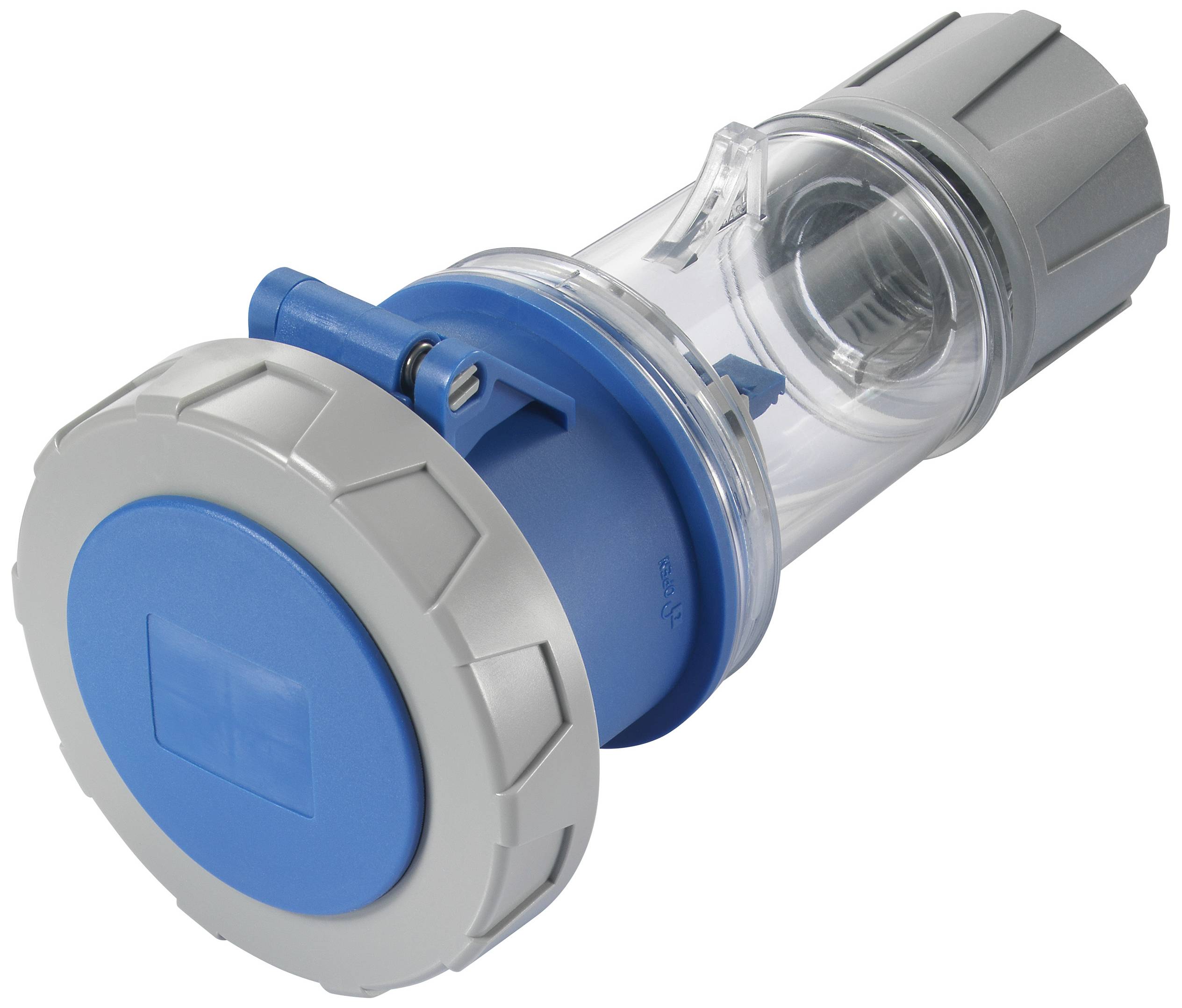 Průmyslová zásuvka v modré a šedé barvě, válcovitého designu s ochranným krytem, vhodná pro robustní elektrické připojení.