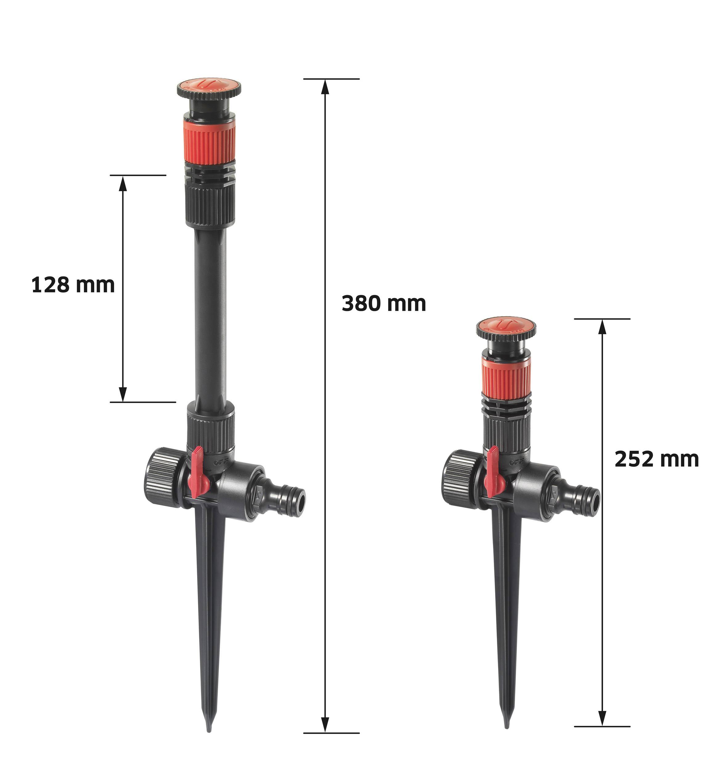 Dva nastavitelné zahradní zavlažovací postřikovače, jeden s výškou 380 mm, druhý 252 mm. Oba s červeným a černým designem.