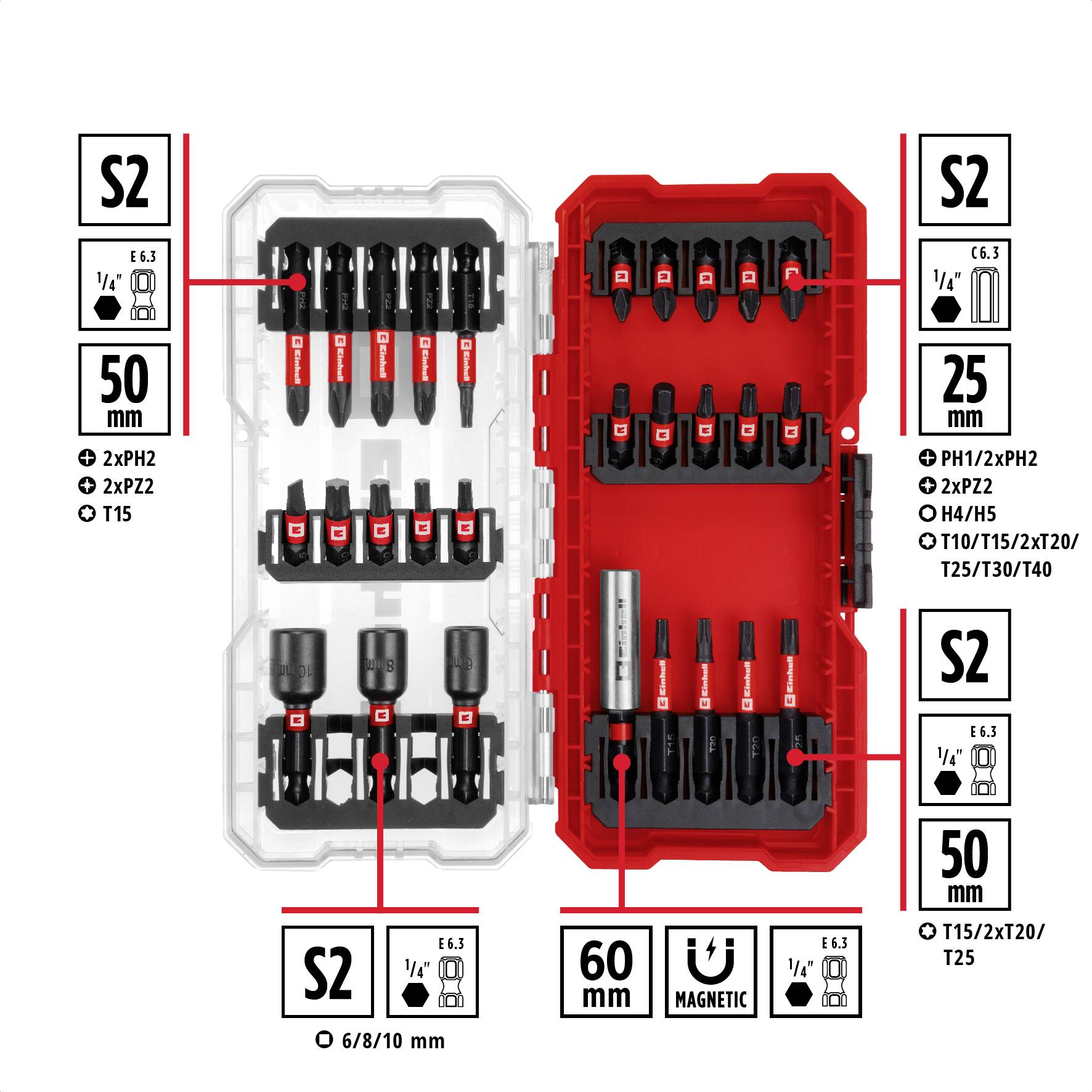 Sada vrtáků a šroubováků od Bosche. Obsahuje různé velikosti a typy bitů, včetně S2 a T25. Magnetická.