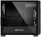 Černá počítačová skříň s průhledným bočním oknem. Logo značky 'Sharkoon' na přední straně. Uvnitř jsou viditelné tři ventilátory.