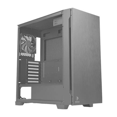 Prázdný počítačový box s otevřeným vnitřním prostorem. Viditelné větrací otvory, několik slotů pro komponenty. Elegantní šedý design.
