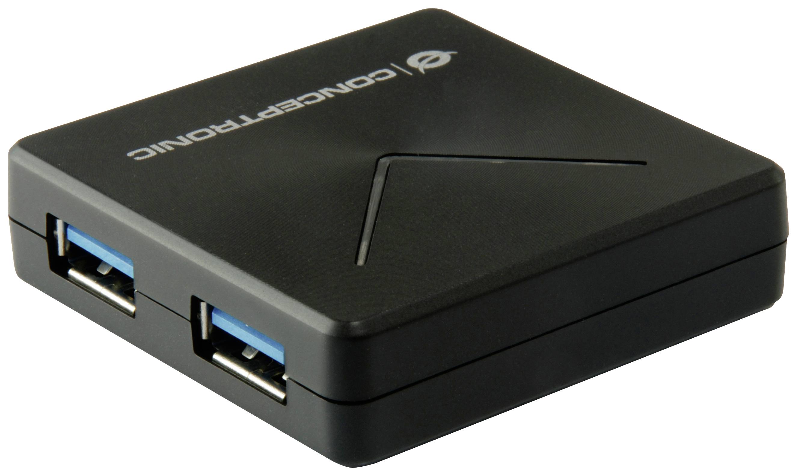 Kompaktní USB hub se dvěma USB porty, černým tělem a nenápadným logem v rohu. Vhodný pro rozšíření připojovacích možností zařízení.