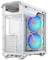 Bílý počítačový kryt s průhlednou boční stěnou. Jsou viditelné dva velké, zářící ventilátory v modro-zelených tónech.