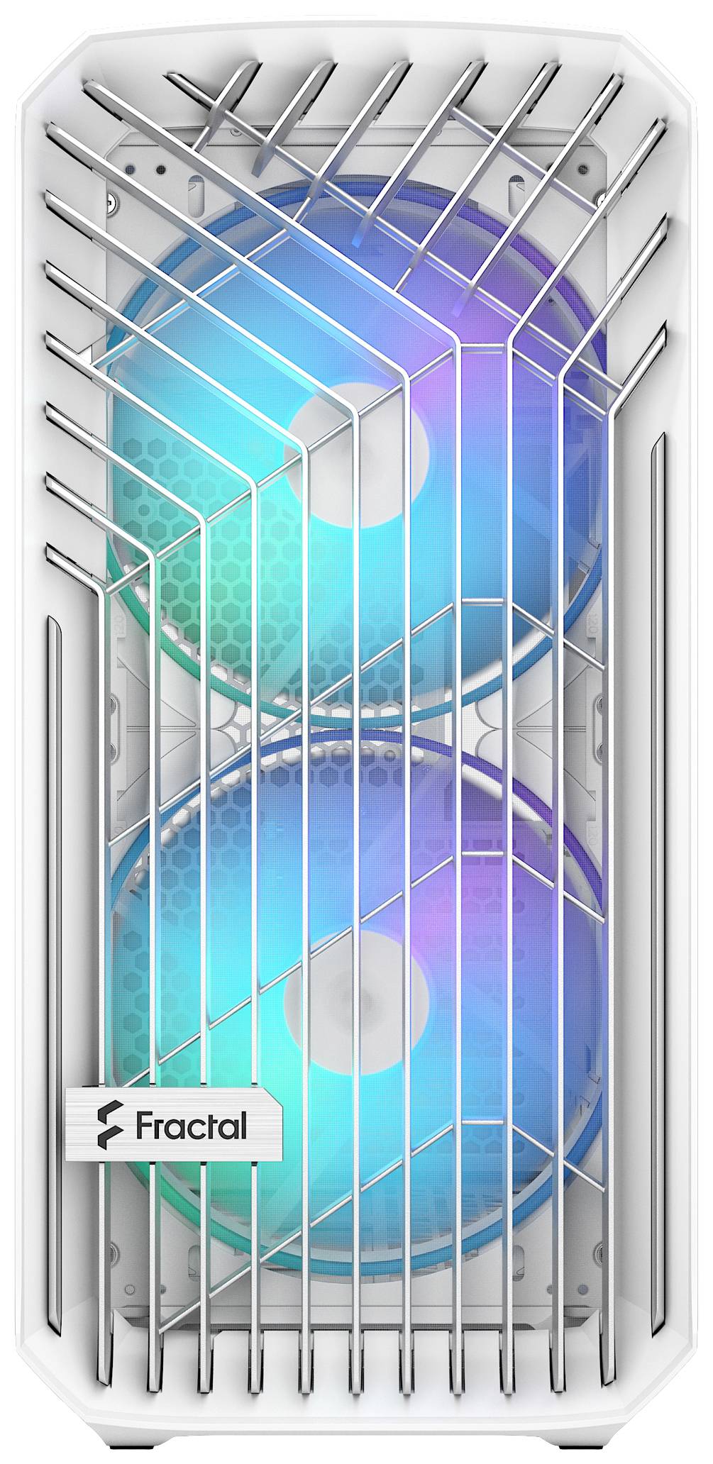 Bílá počítačová skříň s dvěma svítícími ventilátory měnícími barvu za drátěným mřížovím; značka Fractal.