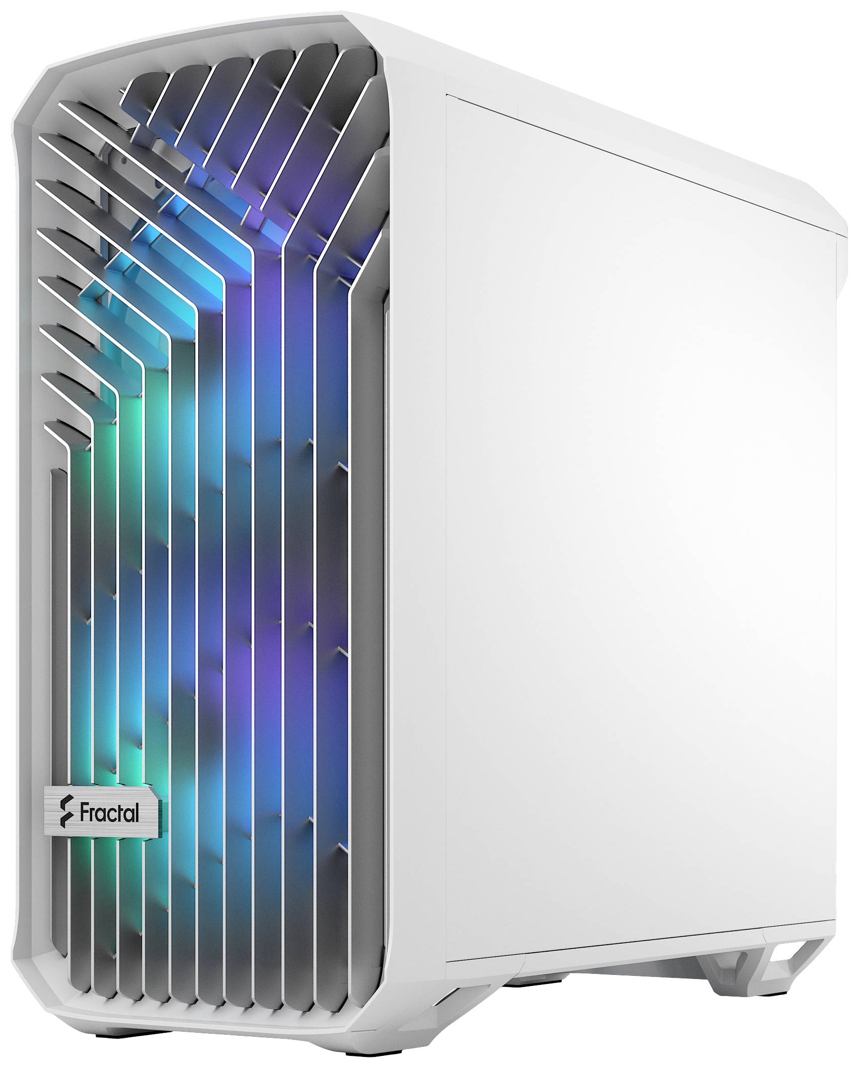 Bílá počítačová skříň s osvětlenými RGB LED diodami na předním panelu, vhodná pro moderní herní počítače nebo pracovní stanice.