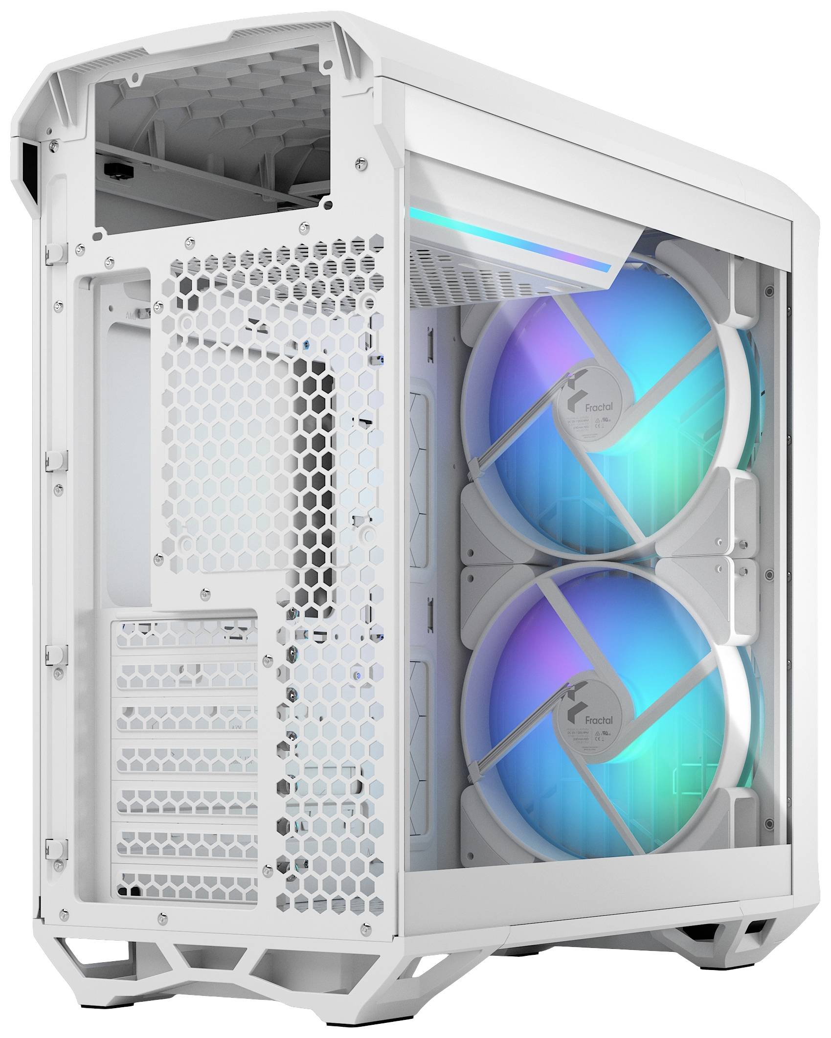 Bílý počítačový kryt se dvěma velkými ventilátory s modrým podsvícením. Kryt nabízí prostor pro několik rozšiřujících karet.