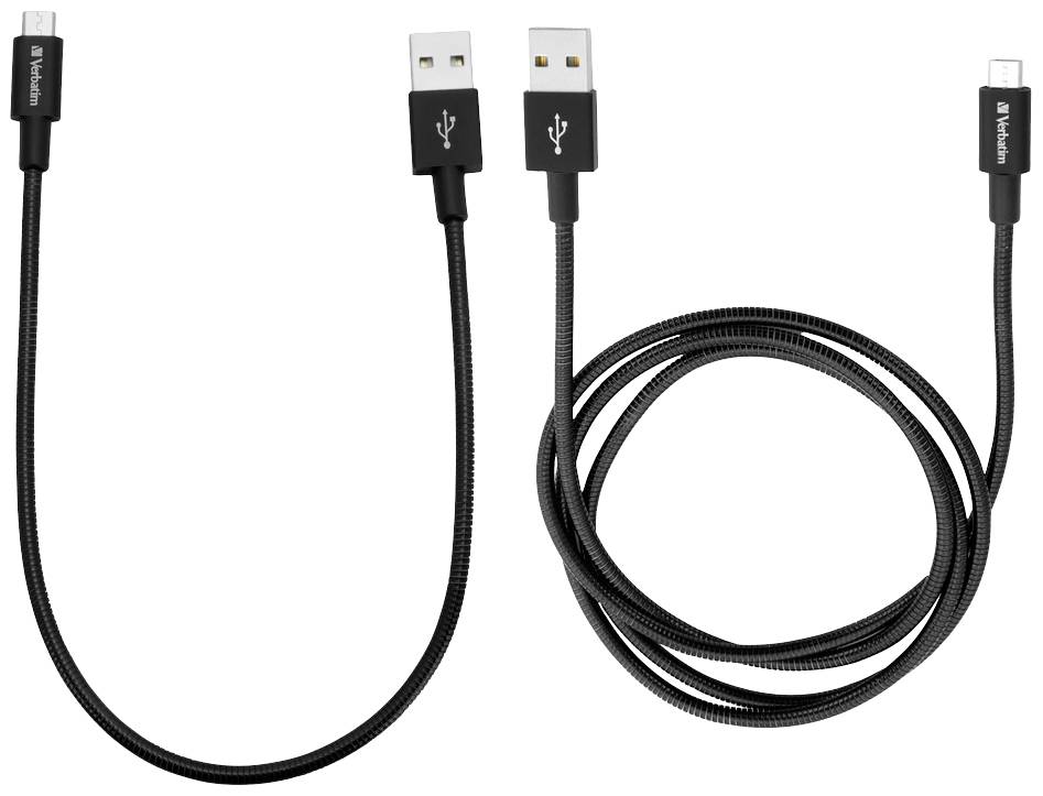 Dva černé USB kabely od Verbatimu, jeden kratší a jeden delší, oba s USB-A a micro-USB konektory.
