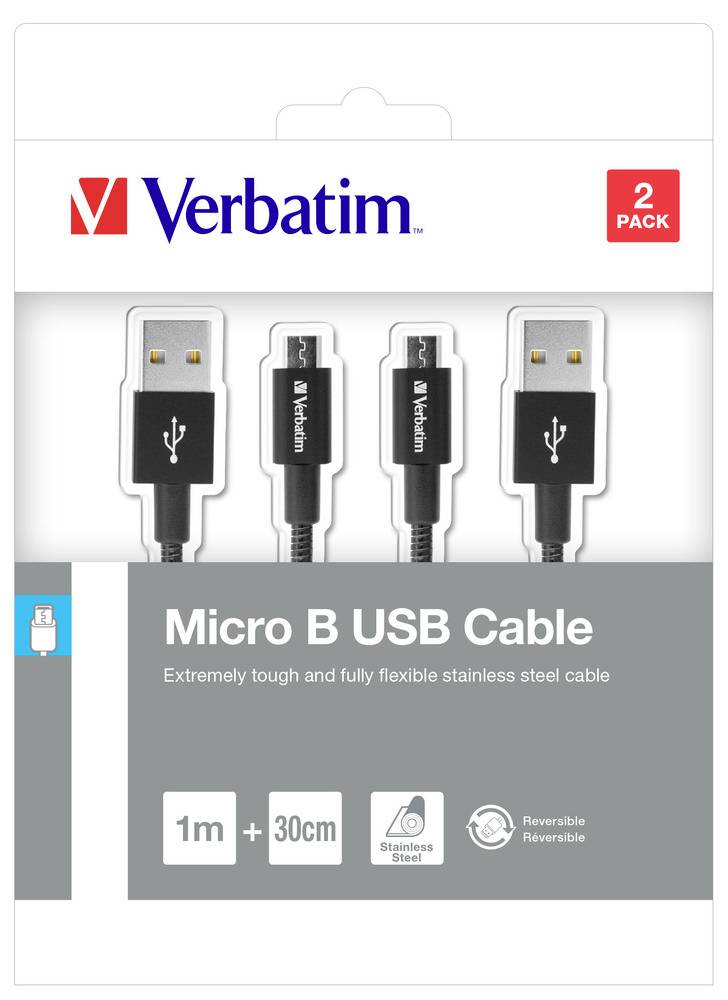 Kabel Verbatim Micro B USB, balení po 2 kusech, skládající se z 1m a 30cm nerezového kabelu, opakovaně použitelné, s viditelnými USB symboly.