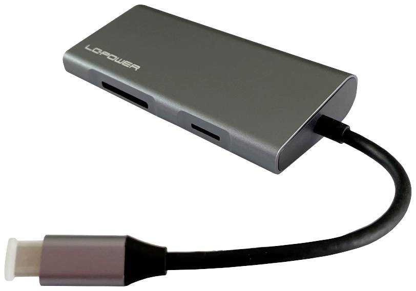 Šedý USB-C hub s několika porty pro přenos dat a nabíjení, propojený krátkým kabelem na jednom konektoru.