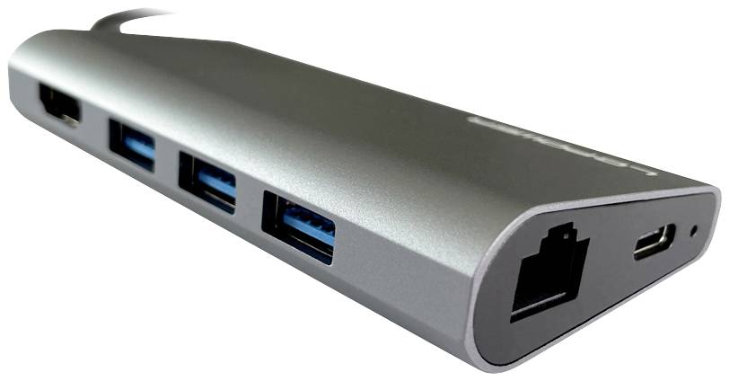 Šedý USB hub s několika porty, včetně USB 3.0 a ethernetového portu, umožňuje rozšířené připojení pro zařízení.