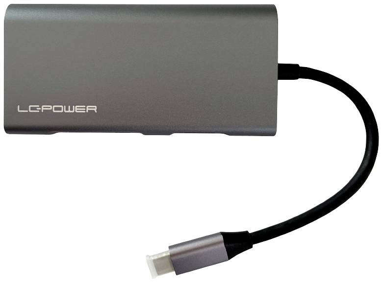 Šedý adaptér od společnosti LC-Power s připojovacím kabelem USB-C.