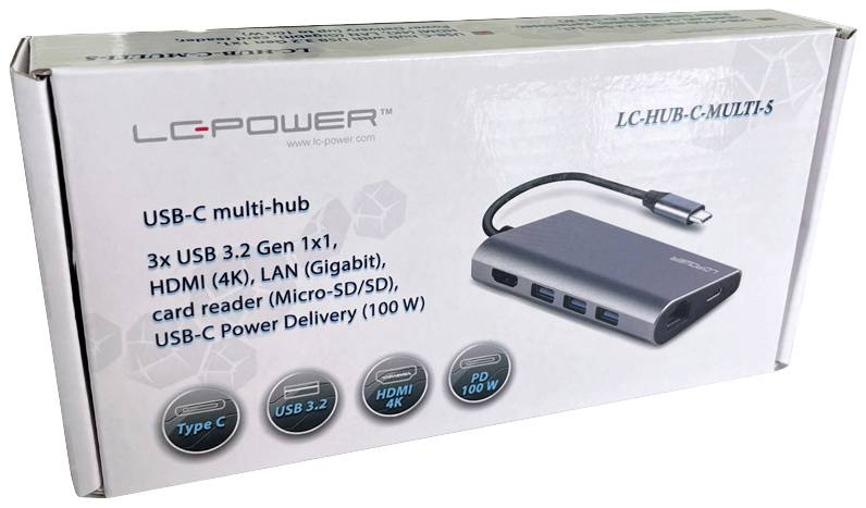 Schachtel ukazuje USB-C multihub s 3 porty USB 3.2, HDMI, LAN, čtečkou karet a USB-C Power Delivery.