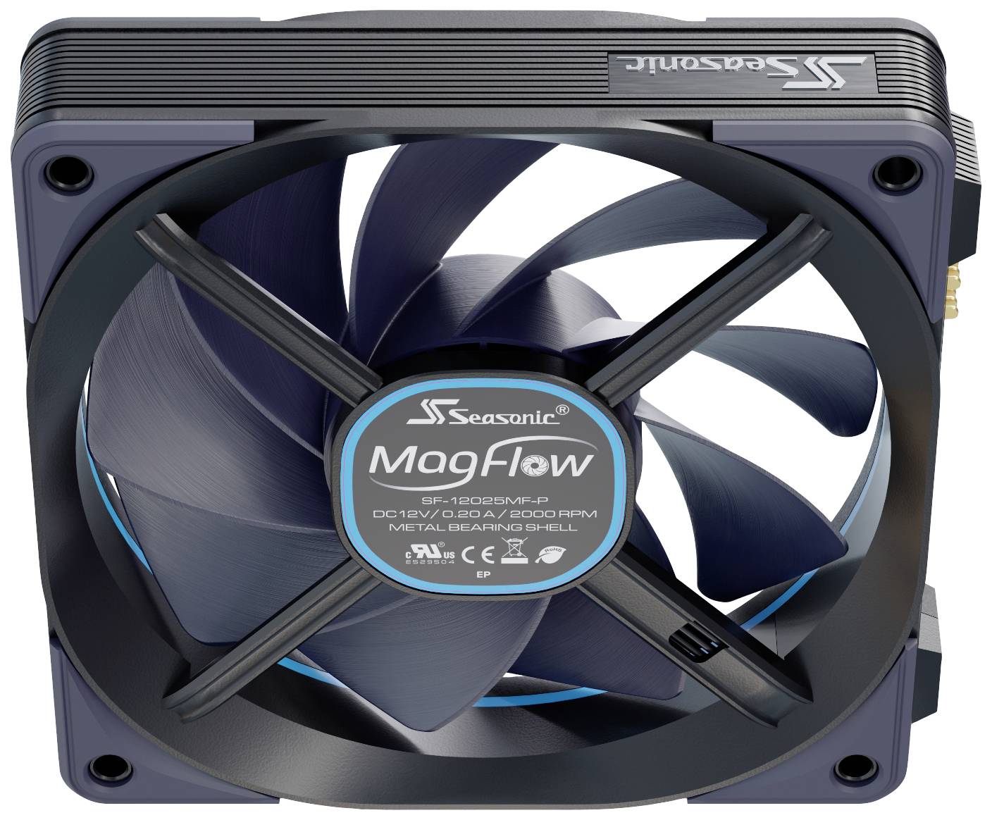 Větrák značky Seasonic, model 'MagFlow'. Černé pouzdro s modrými lopatkami ventilátoru, kulaté štítek uprostřed.