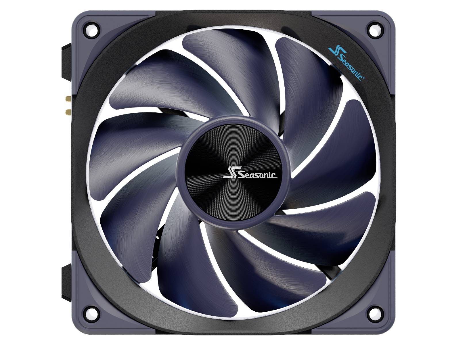 Počítačový ventilátor v šedé barvě s logem 'Seasonic' uprostřed. Design ukazuje zakřivené rotorové listy, které jsou navrženy pro tichý provoz.