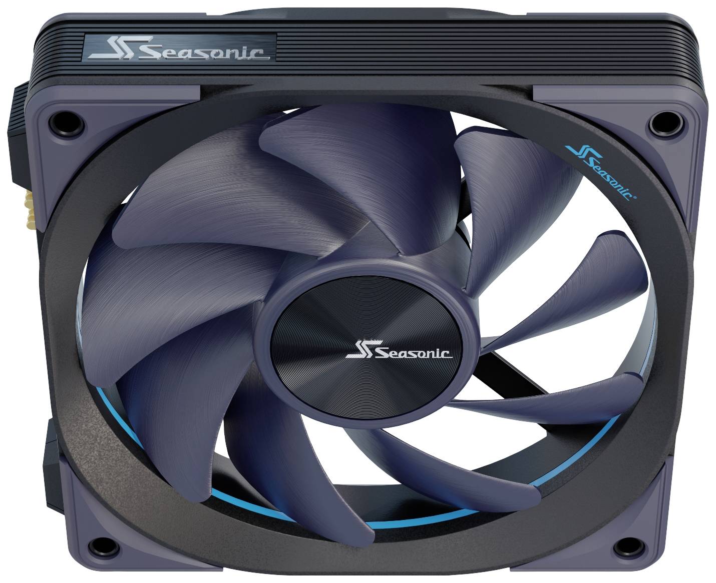 Vysoce výkonný PC ventilátor od Seasonic s černými a modrými akcenty, zvýrazněný nápadným designem a logem.