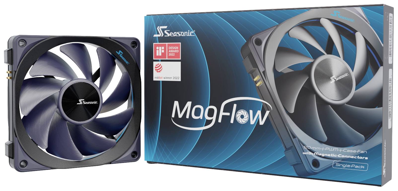 Skříňový ventilátor od Seasonic, model 'MagFlow', vedle obalu s vyobrazením produktu a oceňovacími štítky, zobrazuje designové a aplikační detaily.