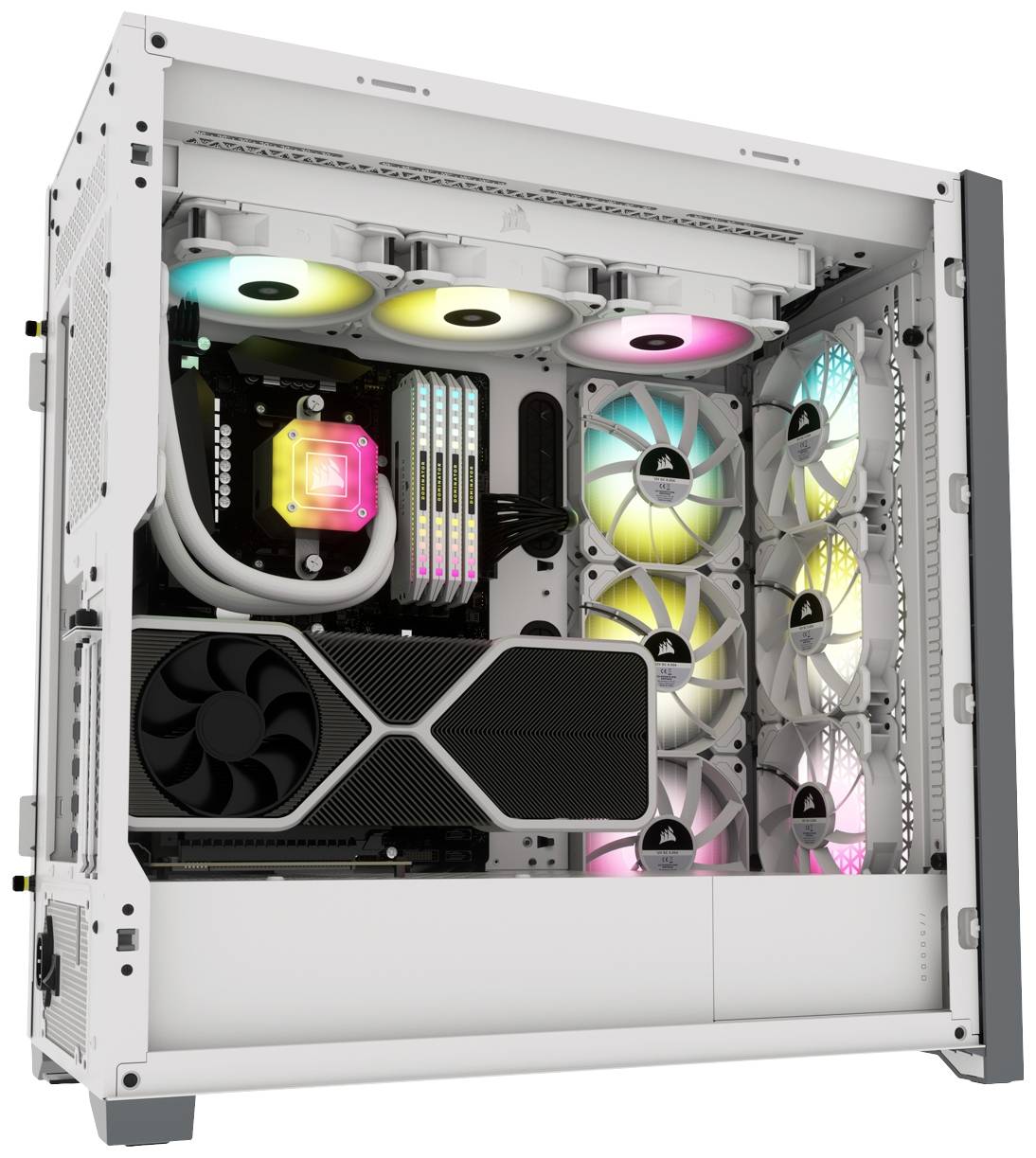 Bílá počítačová skříň s barevně svítícími ventilátory, velkou grafickou kartou a několika paměťovými moduly RAM s RGB podsvícením.