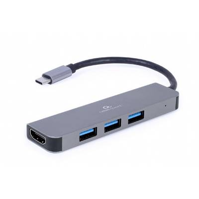 USB-C hub se třemi USB porty a jedním HDMI portem, vhodný pro připojení několika zařízení prostřednictvím jediného rozhraní.