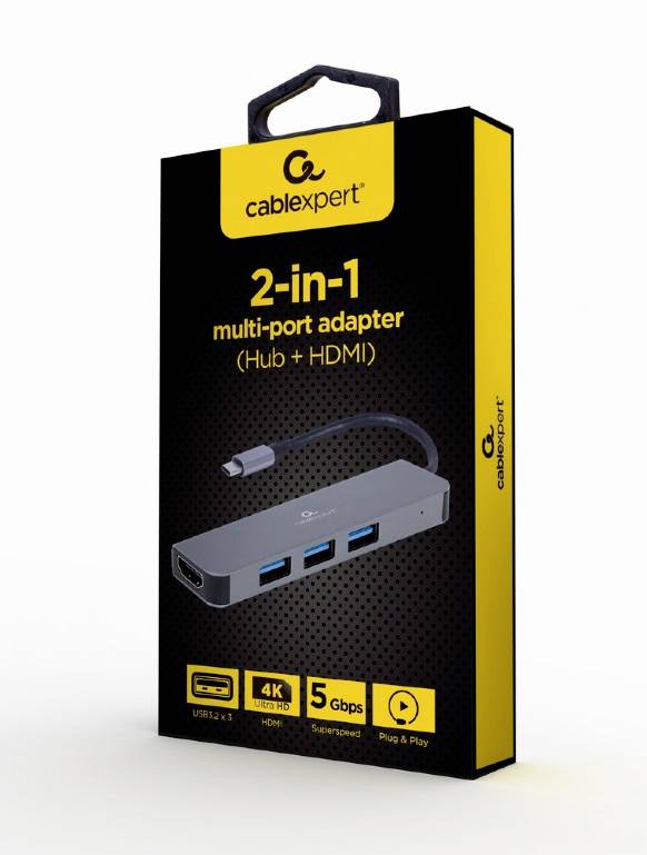 Obal adaptéru 'cablexpert' 2-in-1 Multi-Port s rozbočovačem a podporou HDMI, znázorňující konektory a funkce.
