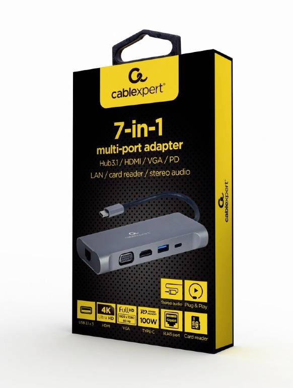 Krabice 7-in-1 multifunkčního adaptéru od cablexpert. Podporuje 4K, HDMI, VGA, LAN, čtečku karet a audio. Kompatibilní s technologií Plug & Play.