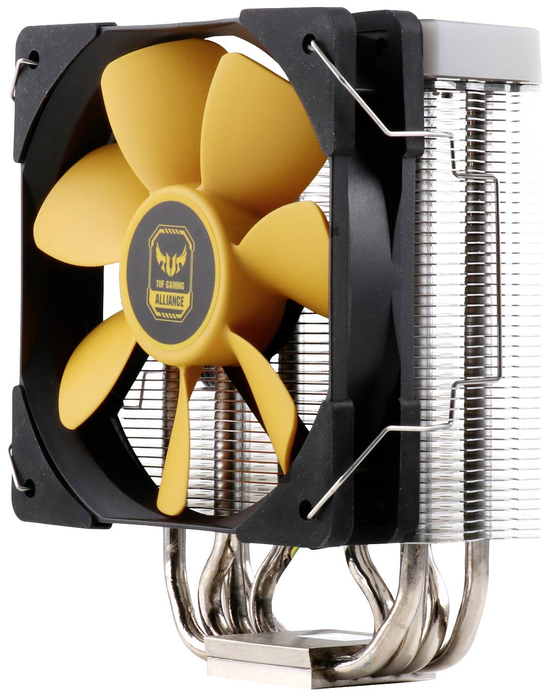 Počítačový procesorový chladič s žlutým ventilátorem a hliníkovými lamelami. Chladič má několik měděných tepelných trubic pro odvod tepla.