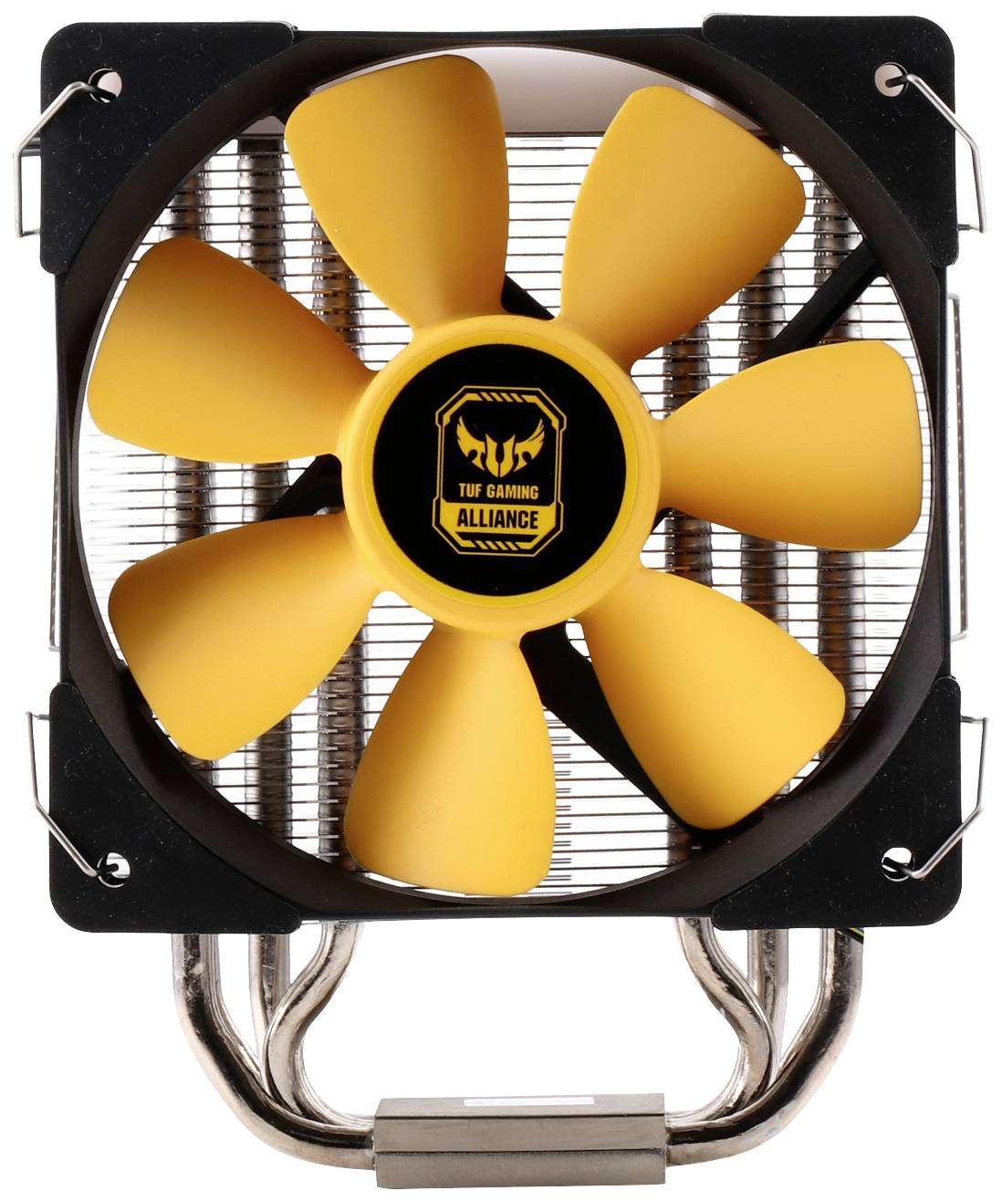 Žlutý počítačový ventilátor se šesti lopatkami, namontovaný na chladiči. Logo uprostřed: 'TUF Gaming Alliance'.