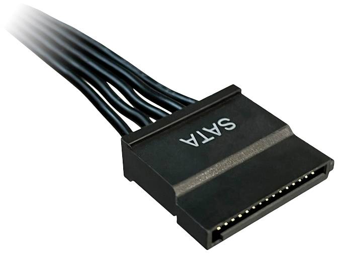 Černý SATA datový kabel se šestipinovým konektorem, používaný pro připojení interních pevných disků k počítači.