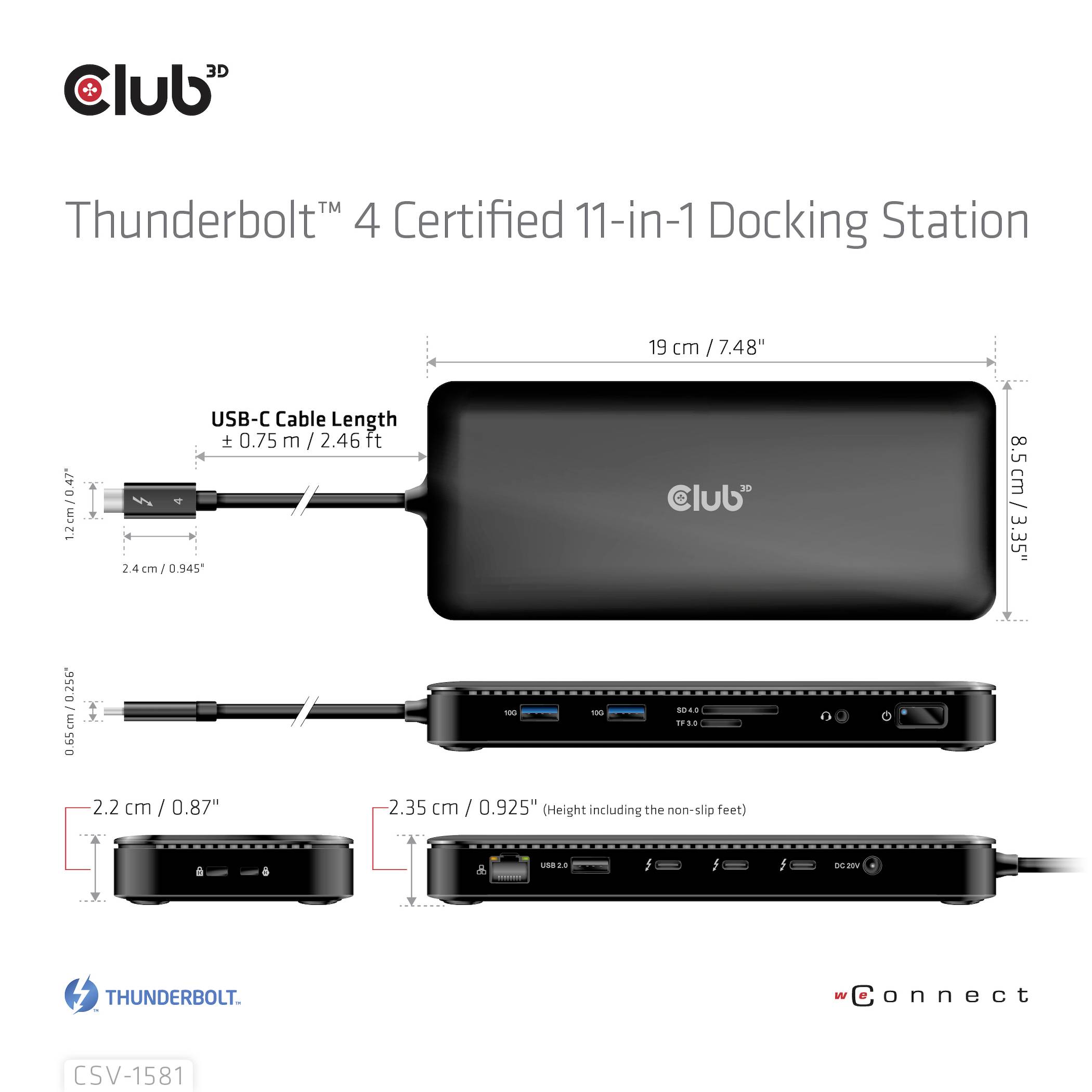 Dokovací stanice s Thunderboltem 4, nabízí 11 portů. Rozměry: 19 cm x 8,4 cm. USB-C kabel: 1 m. Několik portů pro různá zařízení.