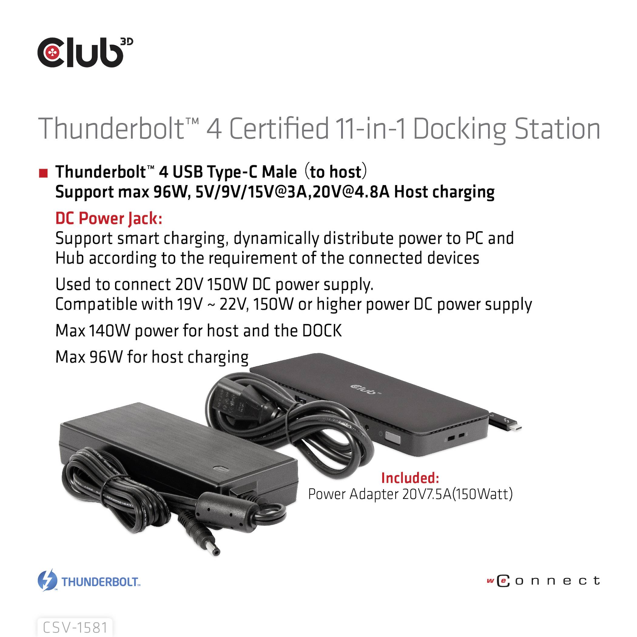 Dokovací stanice s certifikací Thunderbolt™ 4 s 11 funkcemi nabízí čtyři USB Type-C porty, podporuje rychlé nabíjení a obsahuje síťový adaptér.