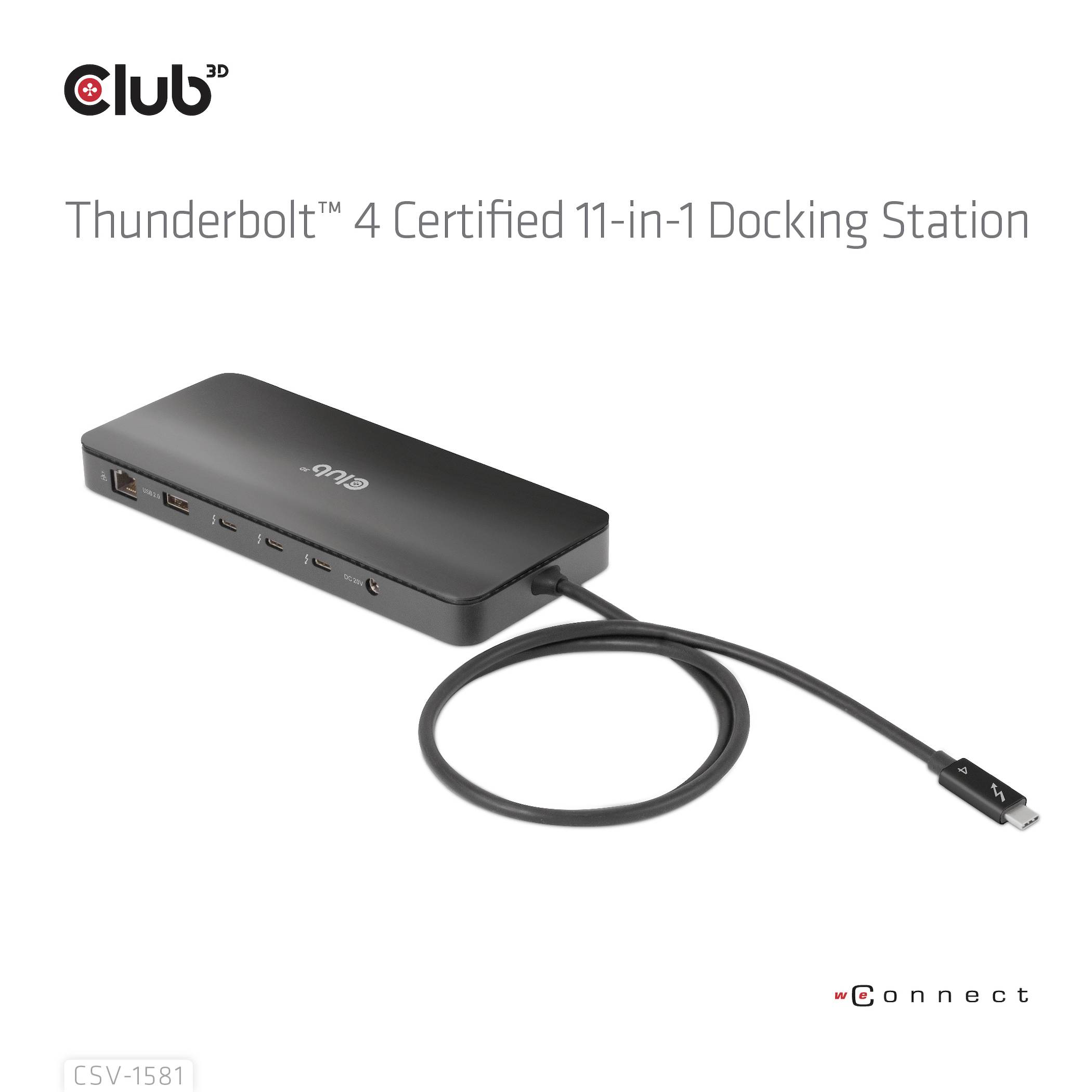 Černá dokovací stanice s certifikací Thunderbolt 4, 11 porty a jedním kabelem. Text: 'Dokovací stanice Thunderbolt 4 certifikovaná, 11 v 1'.