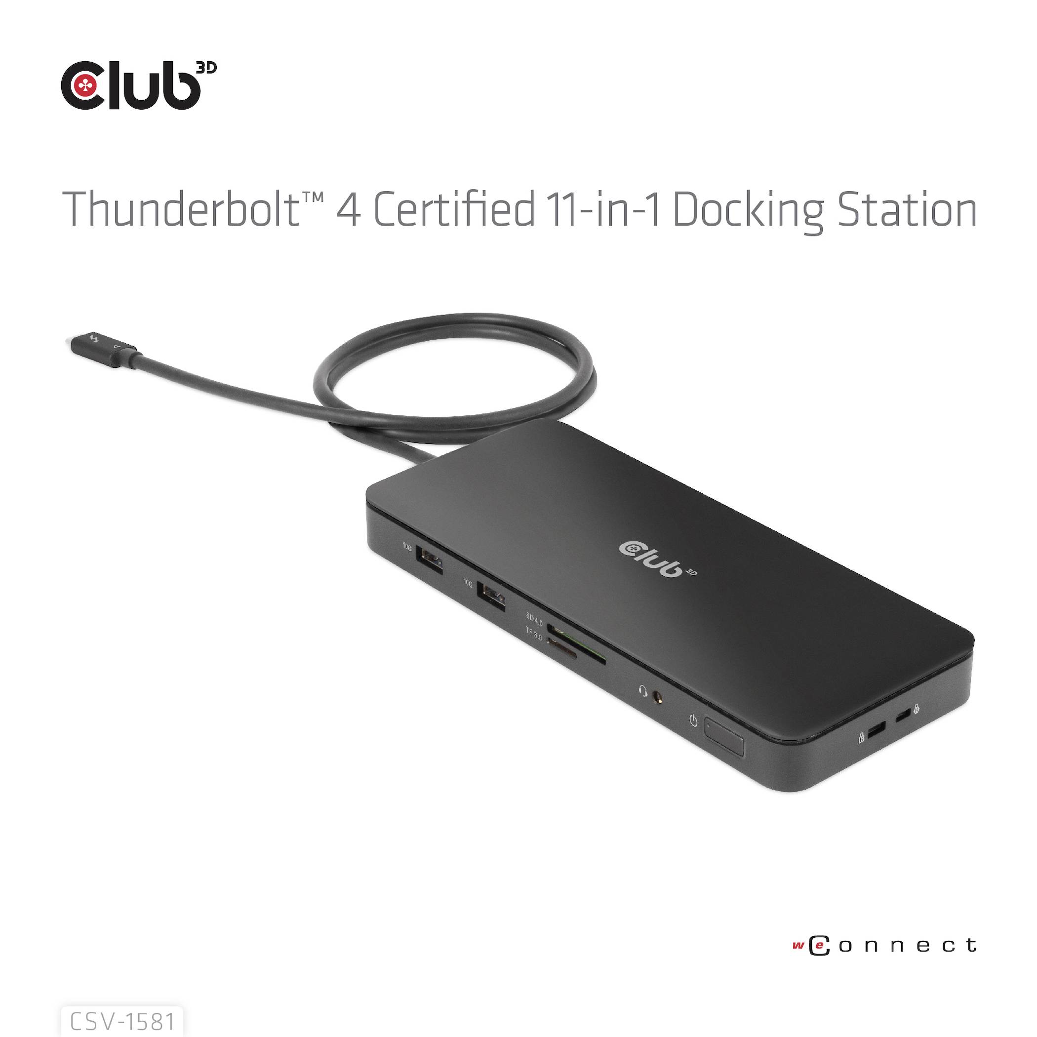 Dokovací stanice Club3D s certifikací Thunderbolt 4 s 11 porty a několika připojeními a kabely.