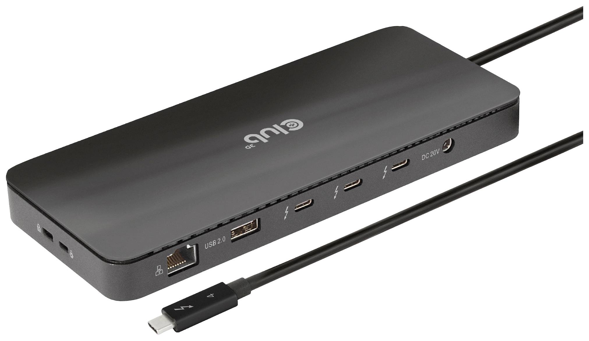 Dokovací stanice USB-C s více porty: Ethernet, USB-A, USB-C, HDMI a audio port pro připojení zařízení.