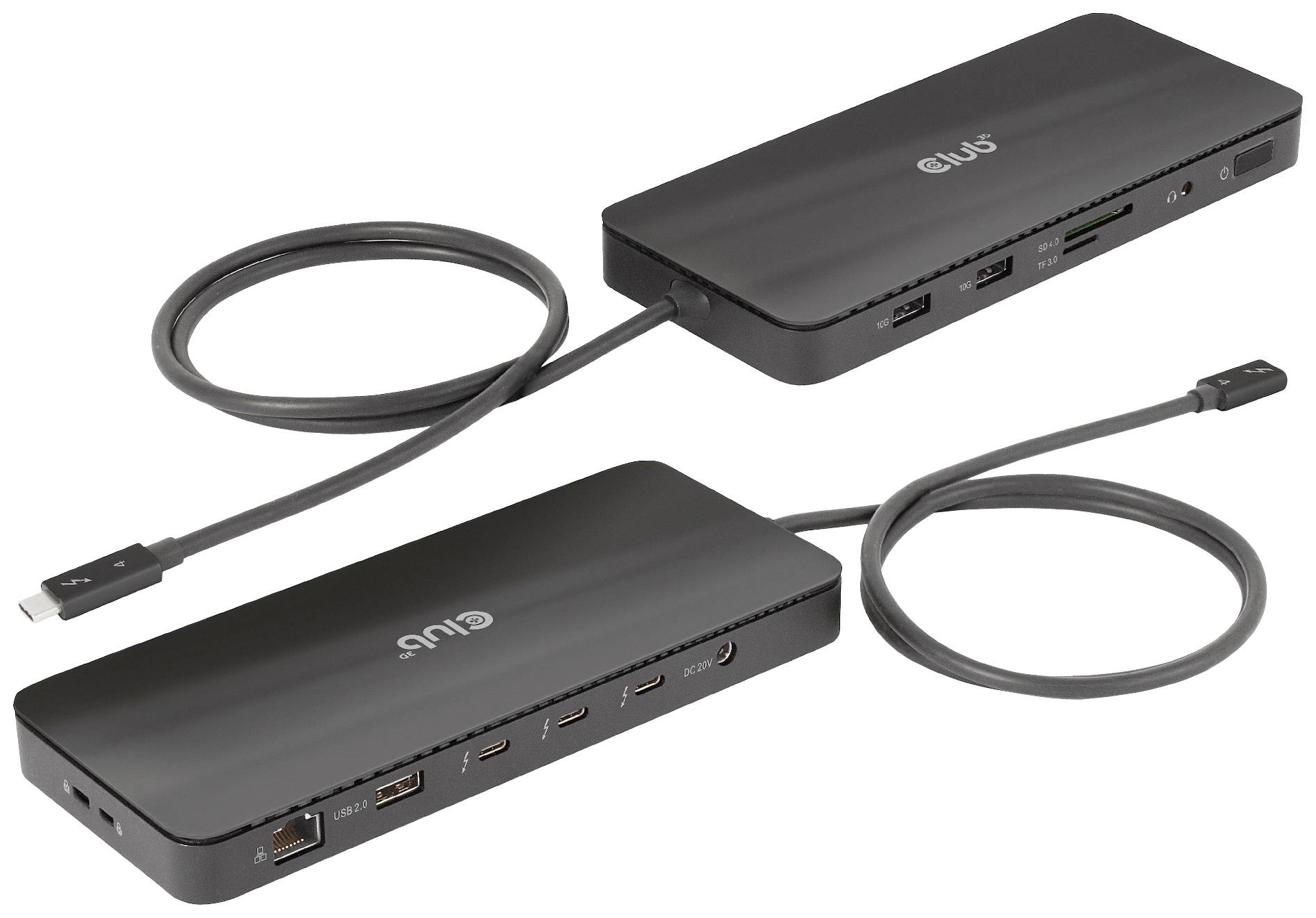 Dokovací stanice se dvěma USB-C kabely, několika HDMI a USB porty pro připojení různých zařízení.