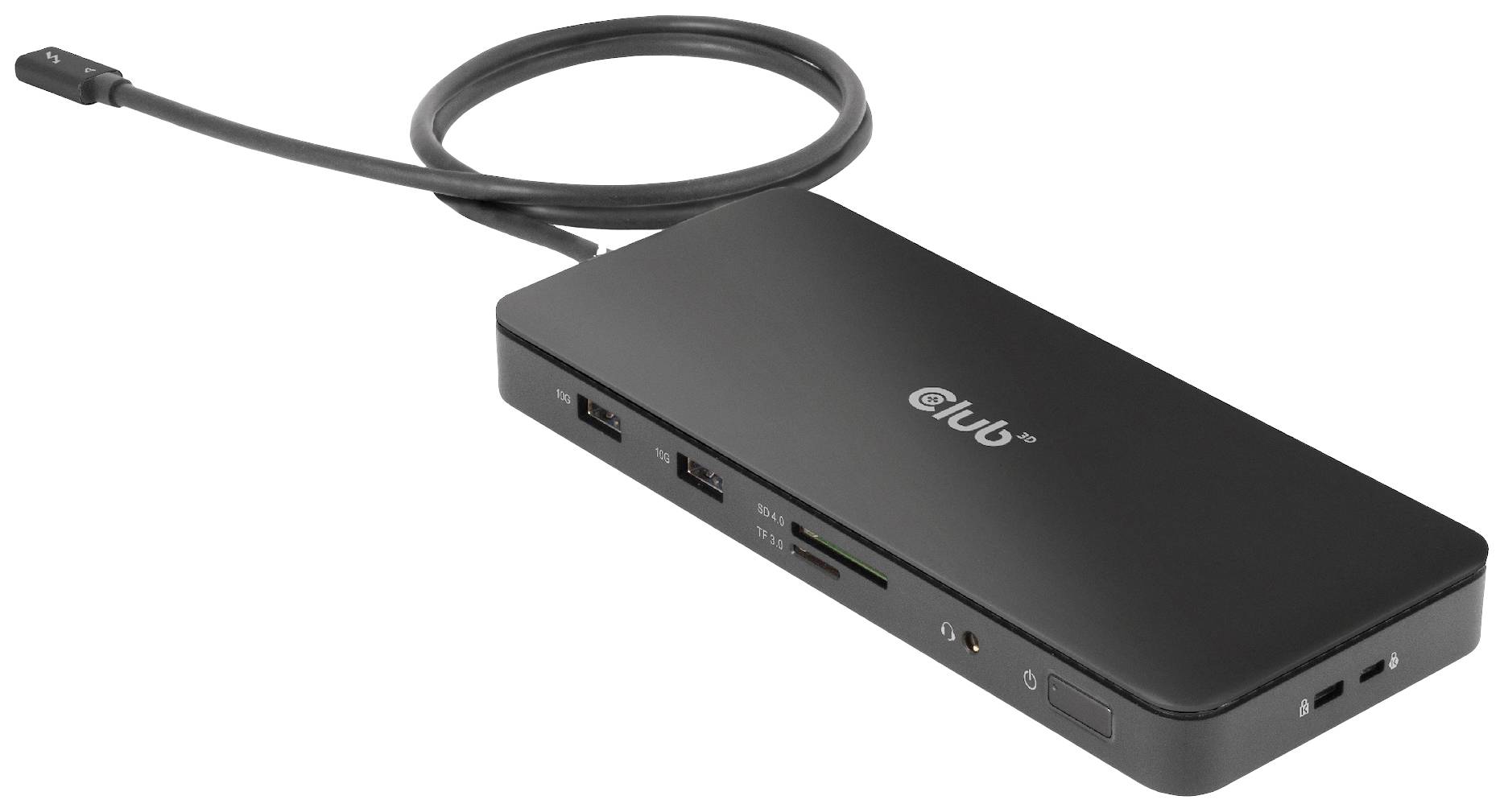 Černá USB-C dokovací stanice s několika porty: USB, HDMI a čtečka karet, vhodná pro rozšířené připojení počítače.