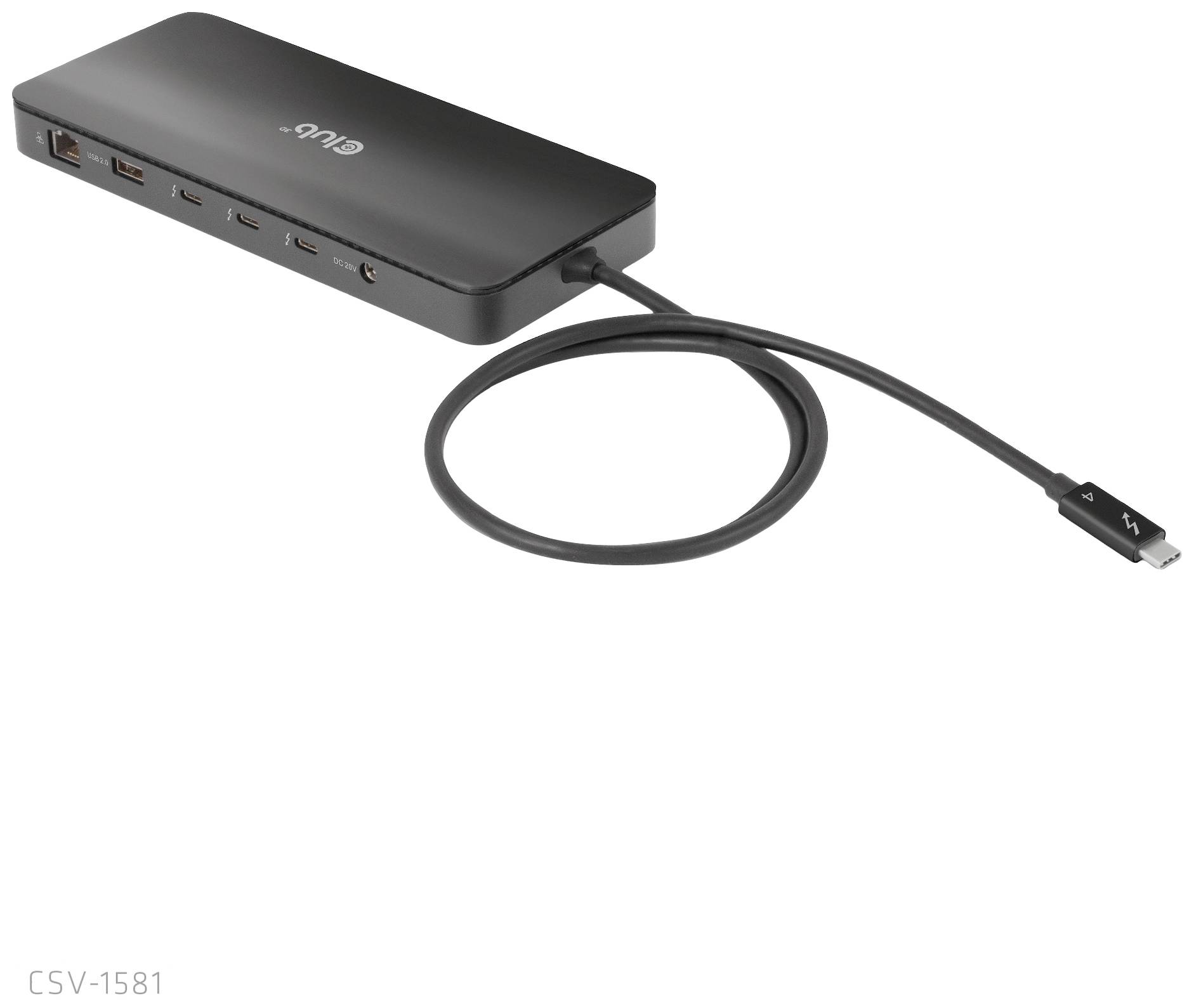 Černá dokovací stanice USB-C s několika porty, včetně HDMI, USB a Ethernetu. Kabel připojen vlevo.