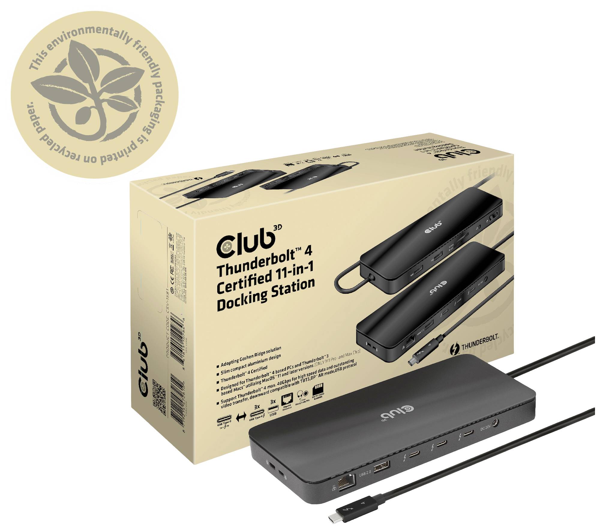 Balení a pohled na produktovou verzi dokované stanice certifikované Thunderbolt 4 s 11 porty od společnosti Club. Ekologické logo v levém horním rohu.