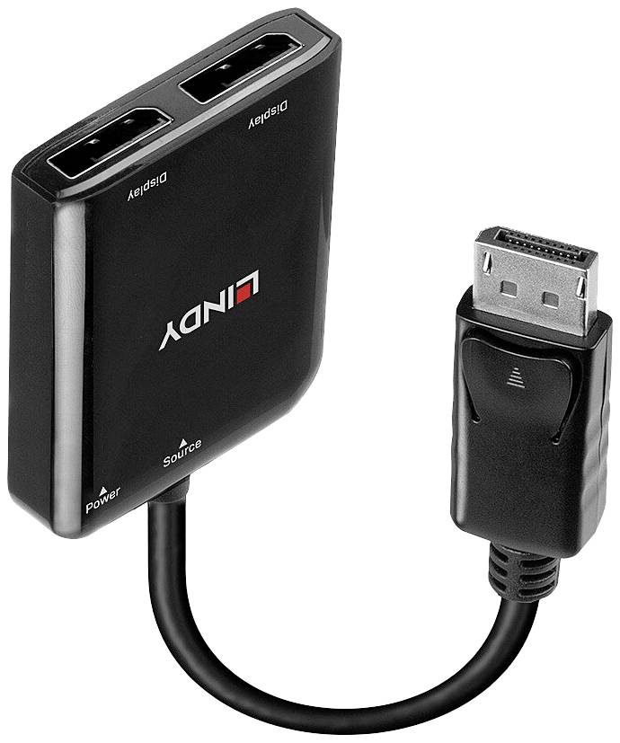Černý DisplayPort adaptér se dvěma výstupními porty pro displeje.