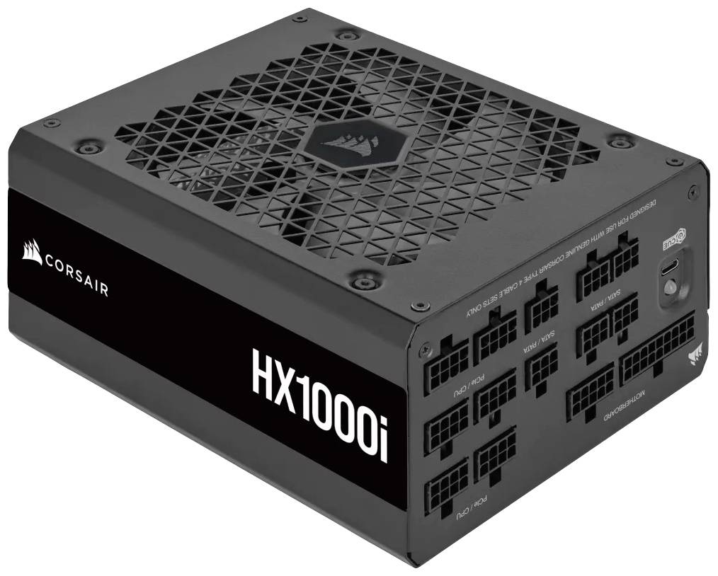 Corsair HX1000i napájecí zdroj, černá skříň, mřížka ventilátoru nahoře, několik konektorů po straně, vhodný pro vysoce výkonné počítačové systémy.