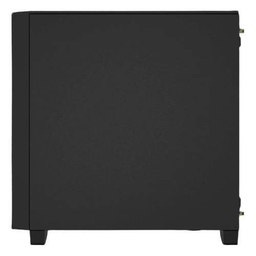 Černý, čtvercový subwoofer s hladkým povrchem, pohled z boku.