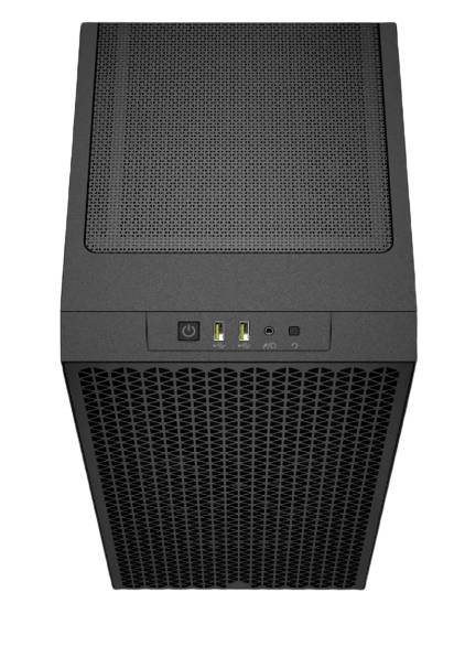 Černá počítačová skříň s designem připomínajícím včelí plástev a viditelnými konektory na přední straně. Obsahuje vypínač a dva USB porty.